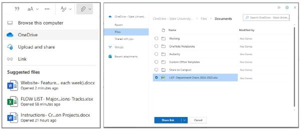 Steps to locate and add a OneDrive Share link to an email in Outlook.