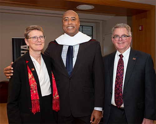From left, SUNY Potsdam President Kristin G. Esterberg, honorary degree recipient Bernie Williams and Crane School of Music Dean Michael Sitton.